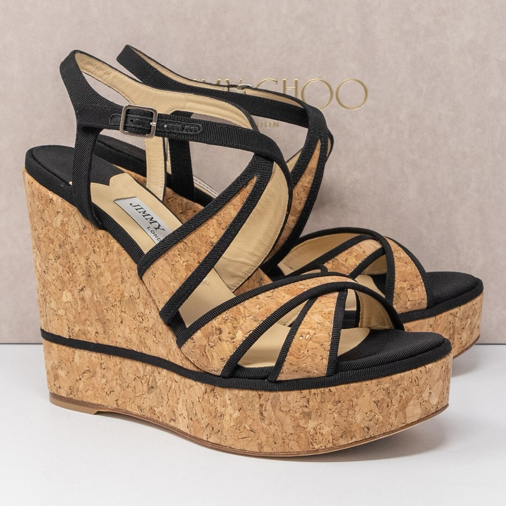 Jimmy Choo Alissa 120 Black and Tan Cork Wedges